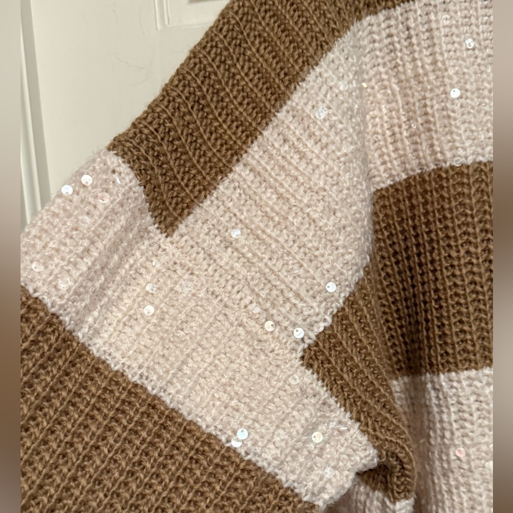 Brown and Cream Striped Sequin Knit Sweater - Picture 2 of 7